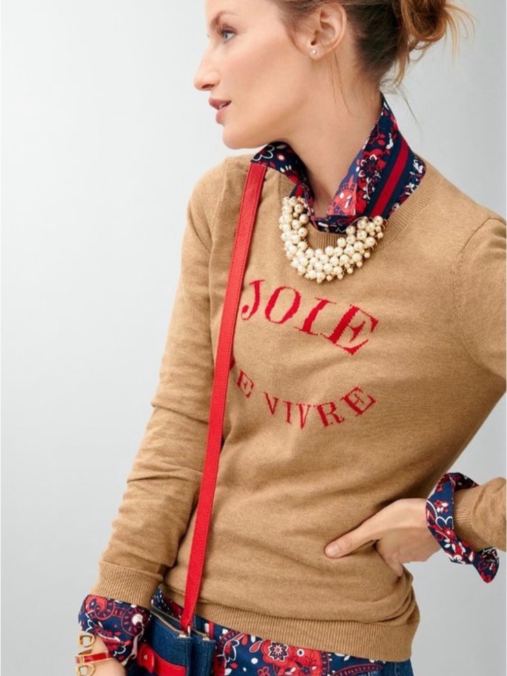 Talbots Camel Tan Red Crewneck Sweater Joie De Vivre sz XL petite PXL